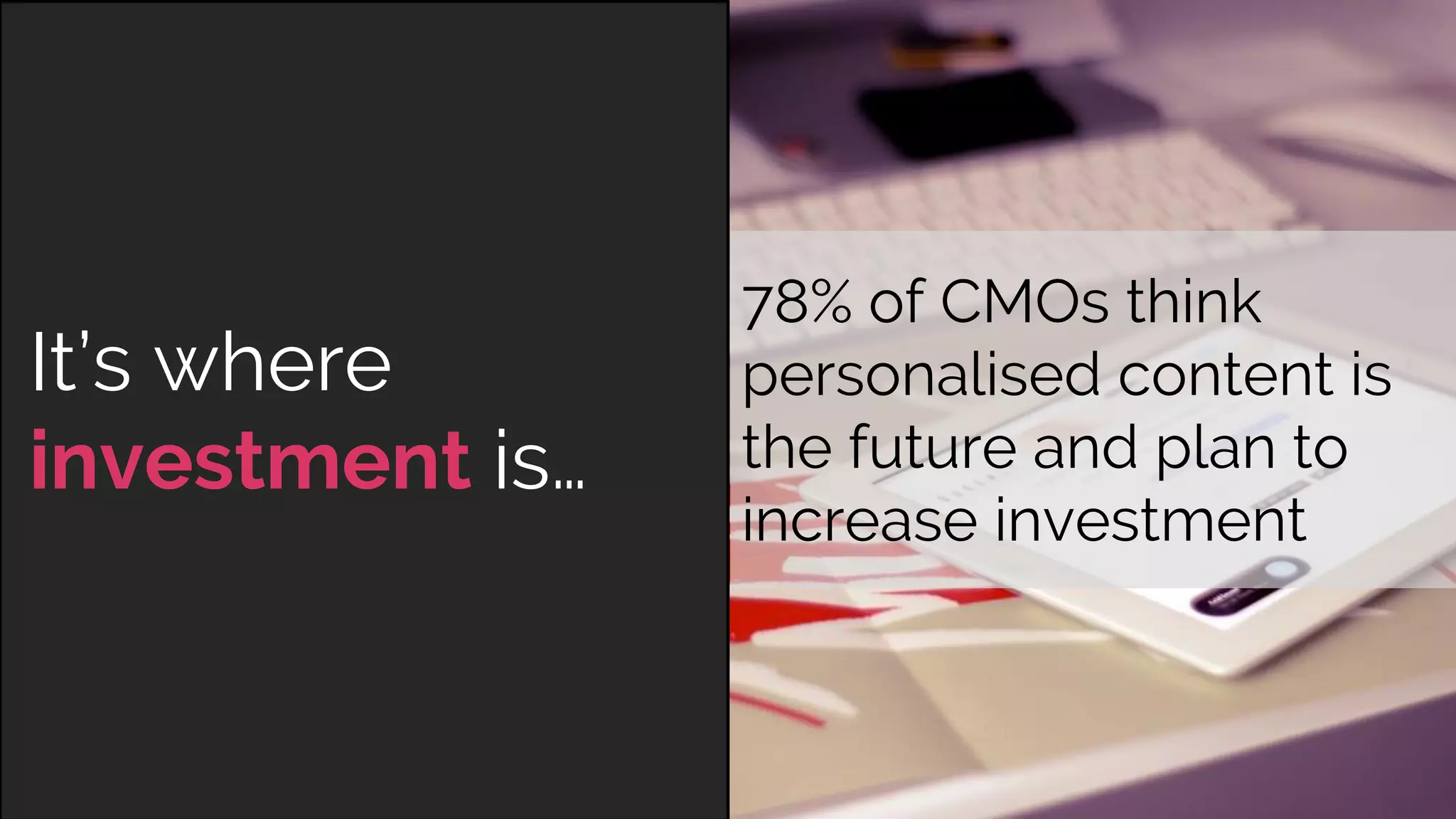 It’s where
investment is…
78% of CMOs think
personalised content is
the future and plan to
increase investment
 
