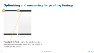 5 @peakaceag pa.ag
Optimising and measuring for painting timings
#1 #2
First Paint (FP)
Time to First Paint – marks the point when the
browser starts to render something, the first bit of
content on the screen.
 