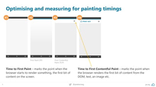 6 @peakaceag pa.ag
Optimising and measuring for painting timings
#1 #2 #3 #4
First Paint (FP) First Contentful
Paint (FCP)
Time to First Paint – marks the point when the
browser starts to render something, the first bit of
content on the screen.
Time to First Contentful Paint – marks the point when
the browser renders the first bit of content from the
DOM, text, an image etc.
 
