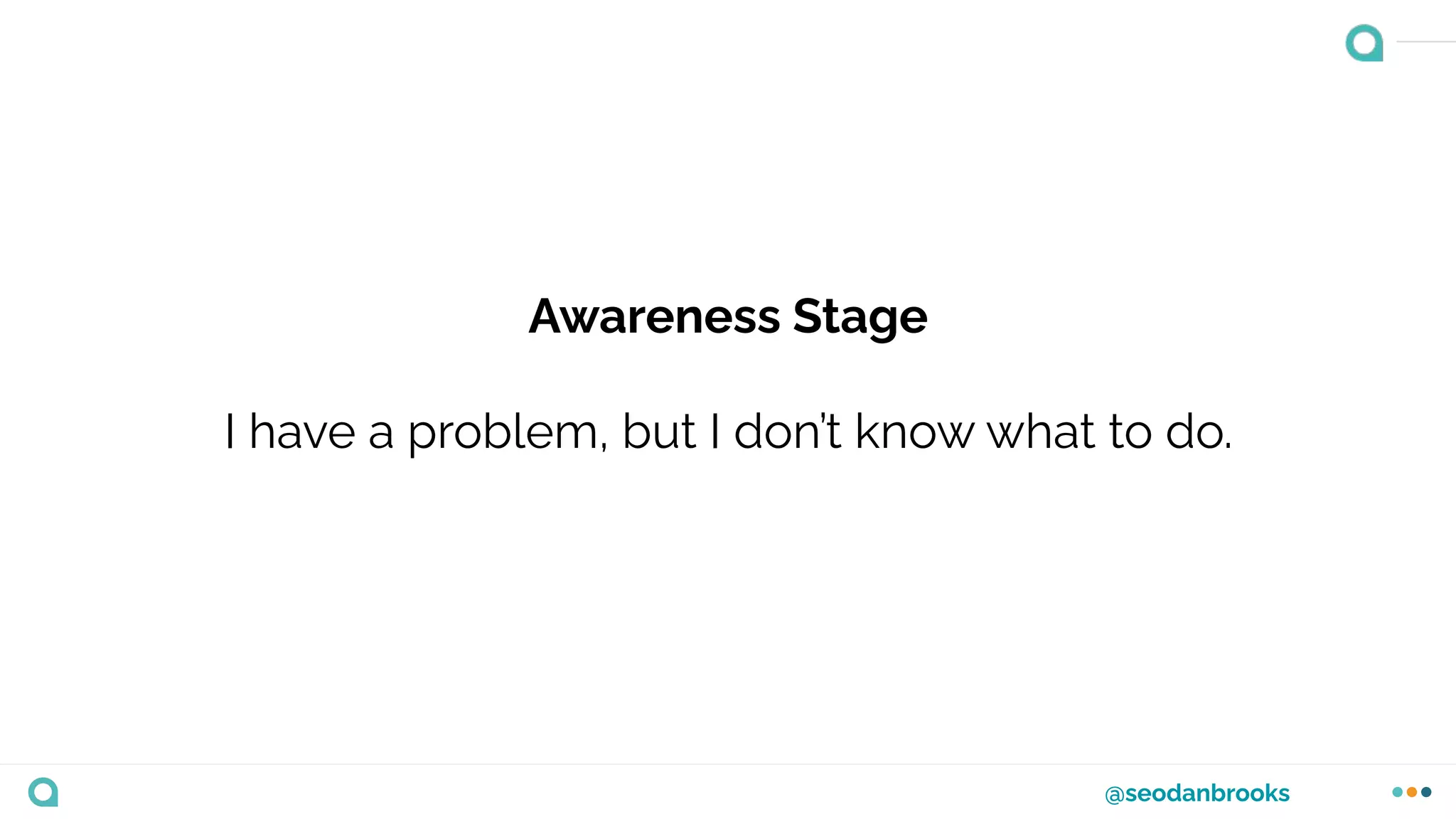 @seodanbrooks
Awareness Stage
I have a problem, but I don’t know what to do.
 