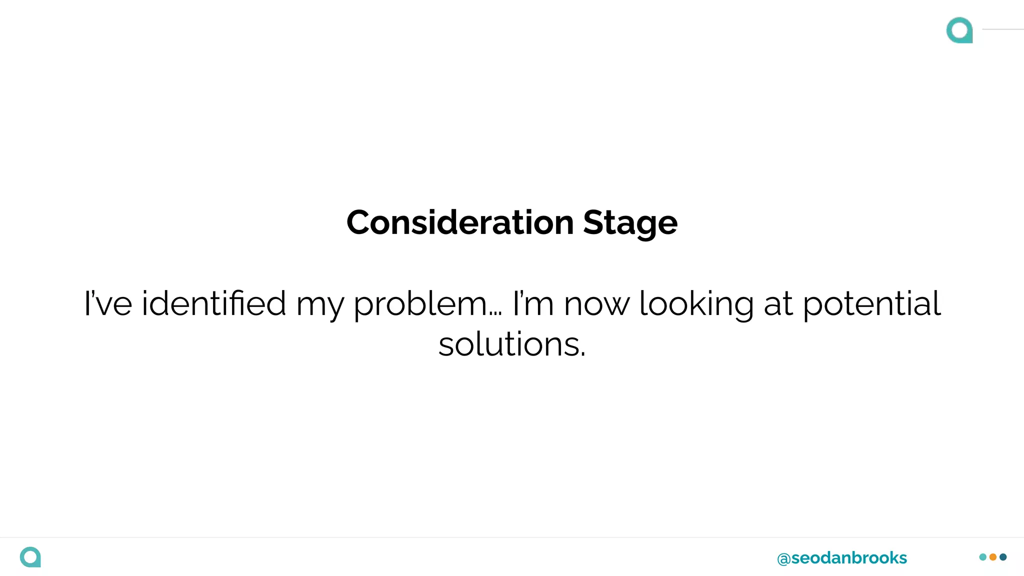 @seodanbrooks
Consideration Stage
I’ve identiﬁed my problem… I’m now looking at potential
solutions.
 