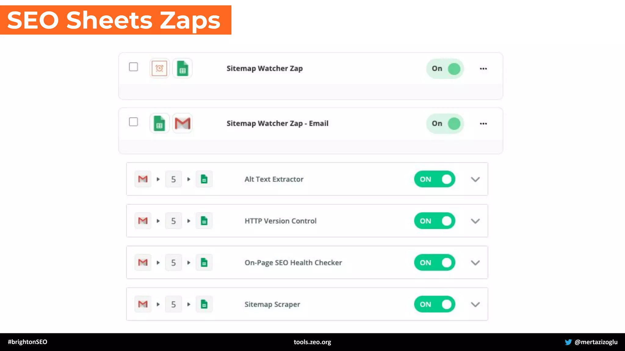 #brightonSEO @mertazizoglu
tools.zeo.org
SEO Sheets Zaps
 