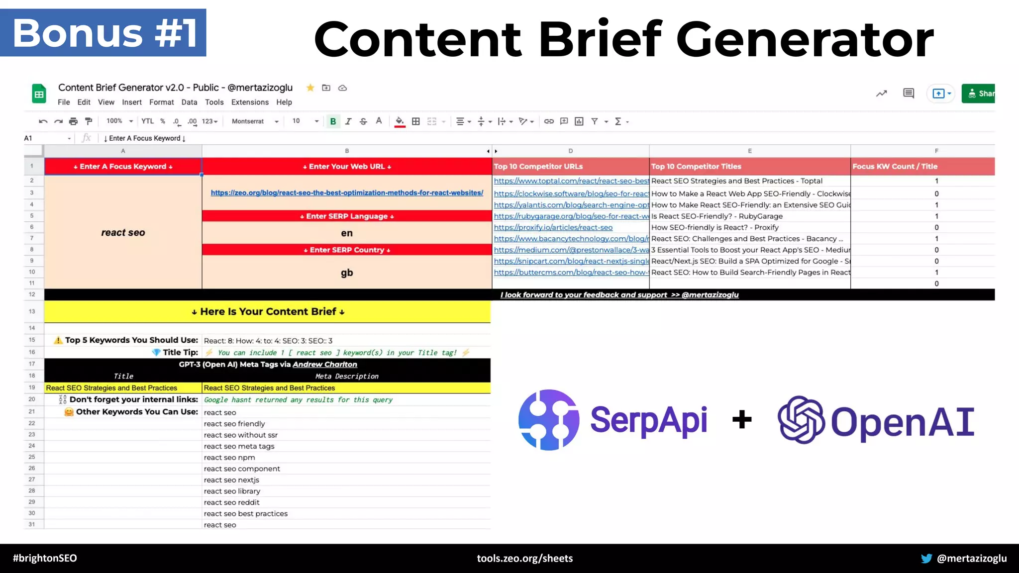 #brightonSEO @mertazizoglu
tools.zeo.org/sheets
Bonus #1 Content Brief Generator
+
 