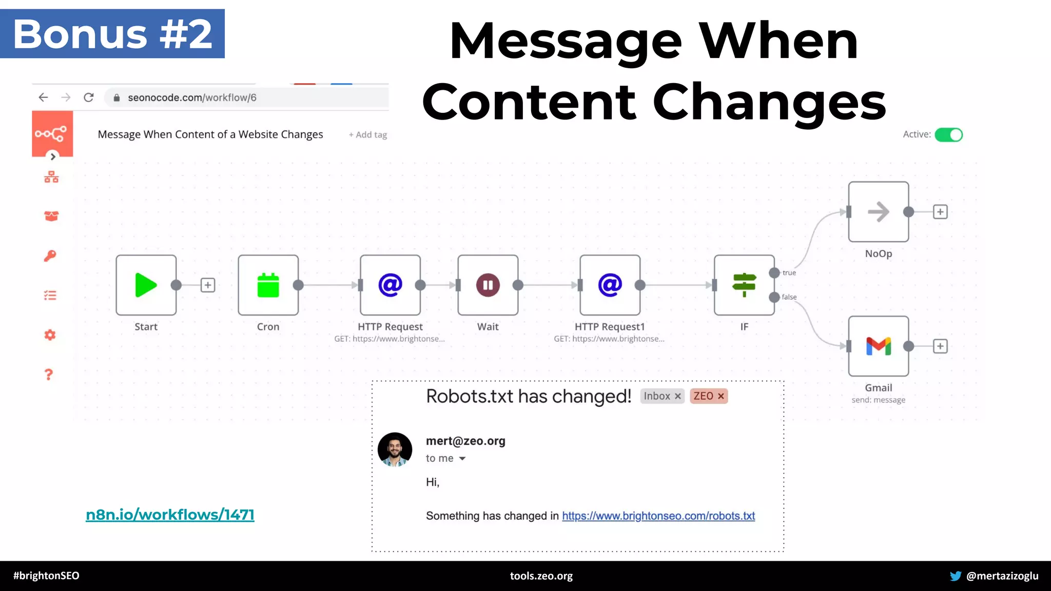 #brightonSEO @mertazizoglu
tools.zeo.org
Bonus #2 Message When
Content Changes
n8n.io/workﬂows/1471
 