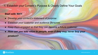 6WWW.BLUEGLASS.CH
1. Establish your Content’s Purpose & Clearly Define Your Goals
Start with WHY
● Develop your content’s ...