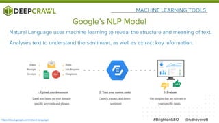 MACHINE LEARNING TOOLS
@rvtheverett#BrightonSEO
Google’s NLP Model
Natural Language uses machine learning to reveal the structure and meaning of text.
Analyses text to understand the sentiment, as well as extract key information.
https://cloud.google.com/natural-language/
 