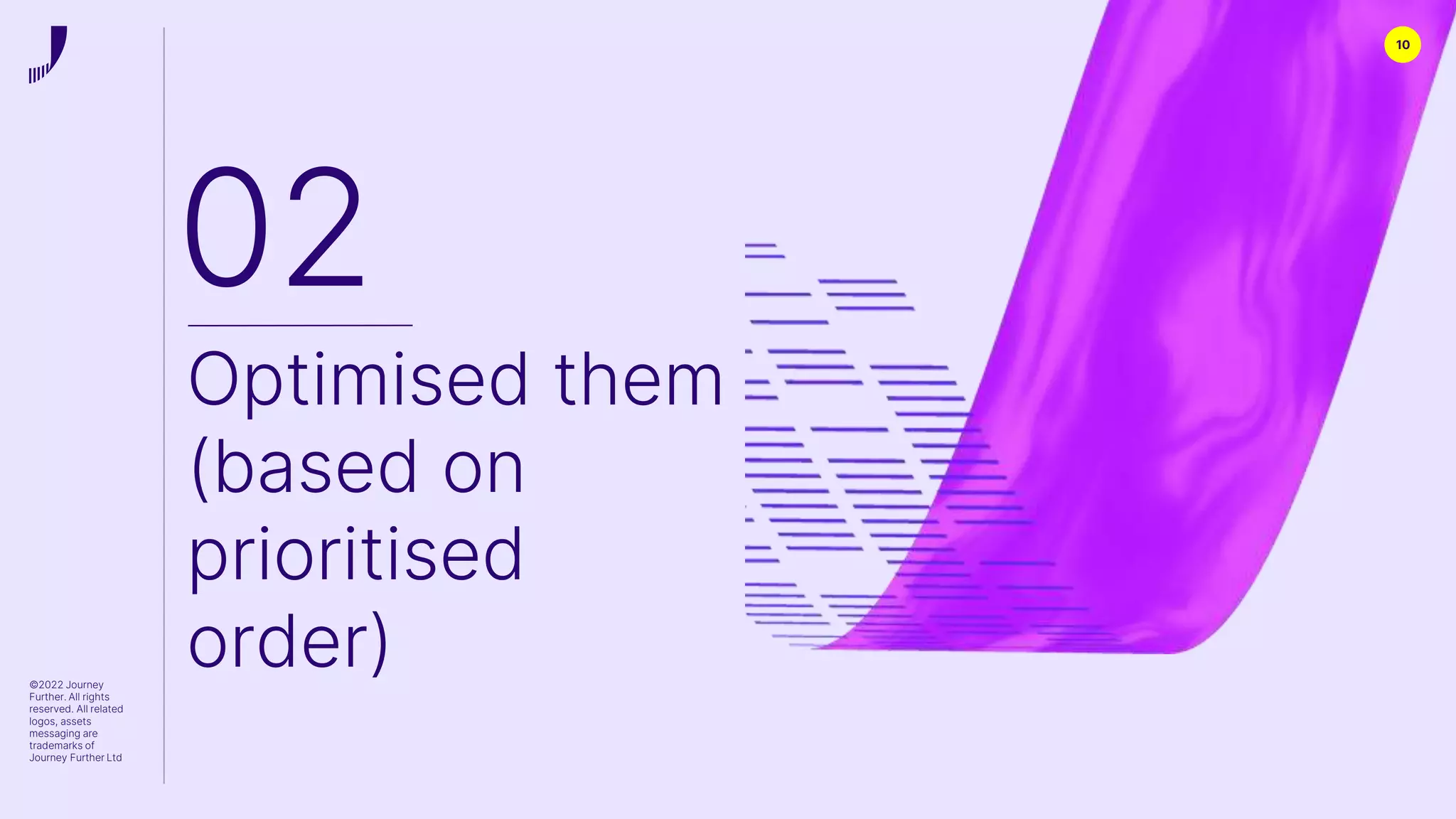 10
©2022 Journey
Further. All rights
reserved. All related
logos, assets
messaging are
trademarks of
Journey Further Ltd
02
Optimised them
(based on
prioritised
order)
 