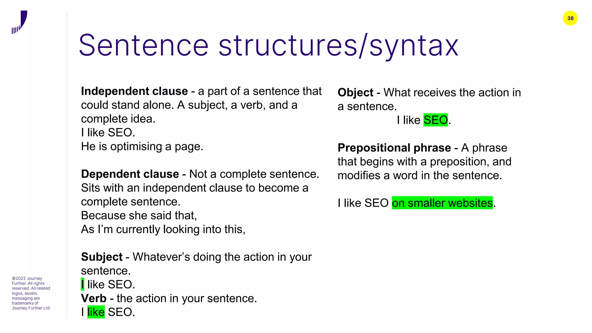 38
Sentence structures/syntax
©2022 Journey
Further. All rights
reserved. All related
logos, assets
messaging are
trademarks of
Journey Further Ltd
Independent clause - a part of a sentence that
could stand alone. A subject, a verb, and a
complete idea.
I like SEO.
He is optimising a page.
Dependent clause - Not a complete sentence.
Sits with an independent clause to become a
complete sentence.
Because she said that,
As I’m currently looking into this,
Subject - Whatever’s doing the action in your
sentence.
I like SEO.
Verb - the action in your sentence.
I like SEO.
Object - What receives the action in
a sentence.
I like SEO.
Prepositional phrase - A phrase
that begins with a preposition, and
modifies a word in the sentence.
I like SEO on smaller websites.
 