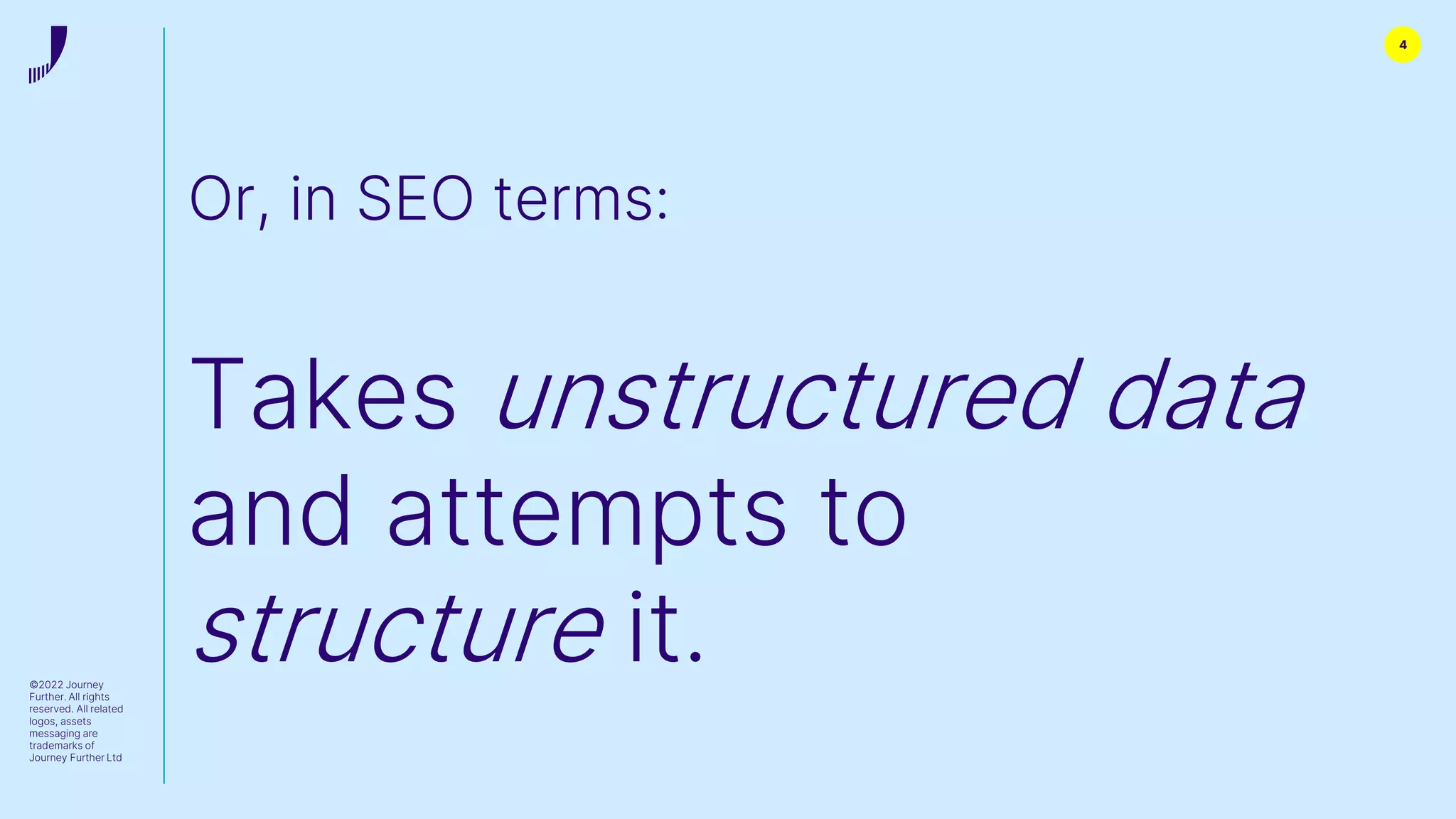 4
Or, in SEO terms:
Takes unstructured data
and attempts to
structure it.
©2022 Journey
Further. All rights
reserved. All related
logos, assets
messaging are
trademarks of
Journey Further Ltd
 