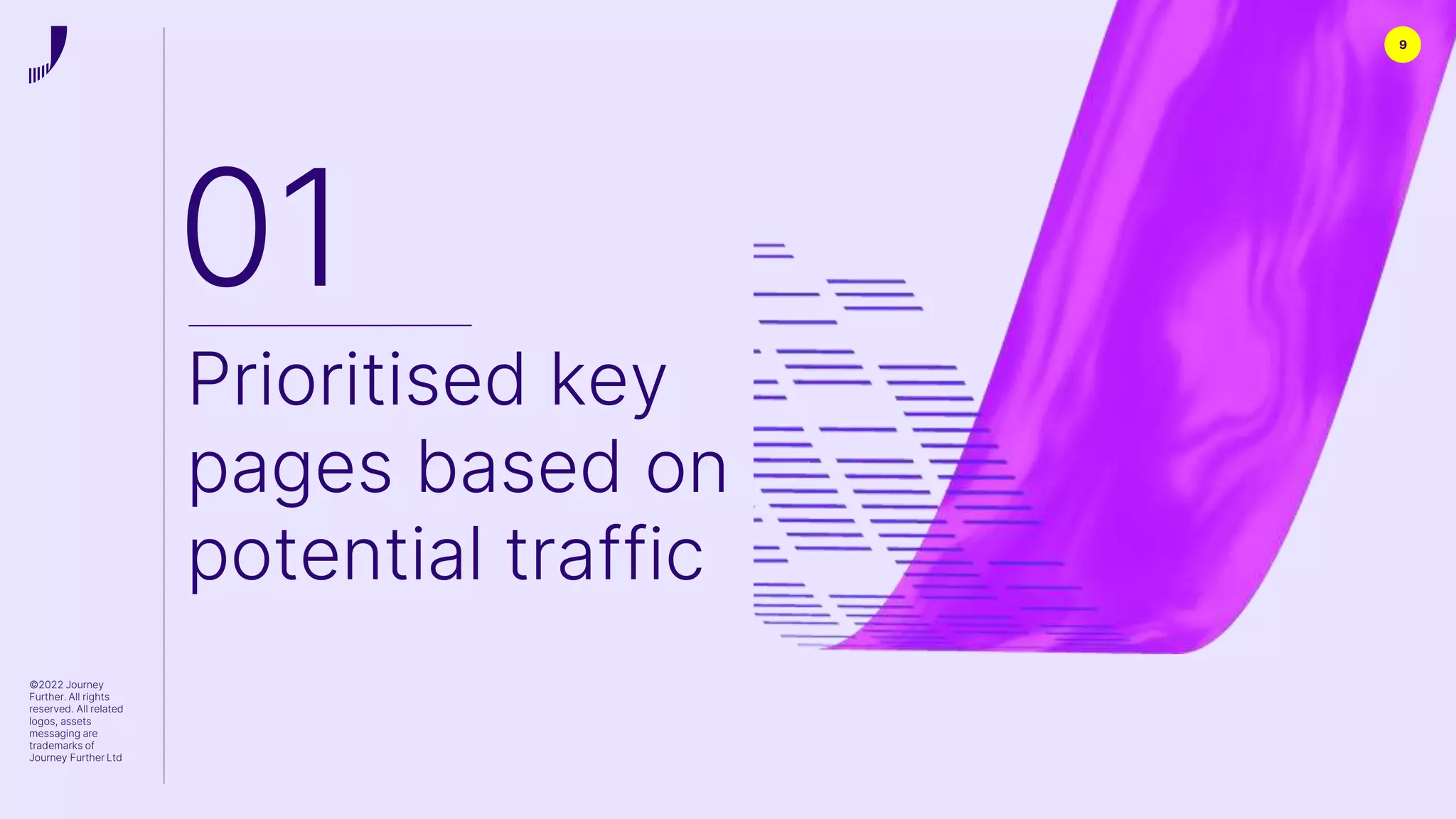 9
©2022 Journey
Further. All rights
reserved. All related
logos, assets
messaging are
trademarks of
Journey Further Ltd
01
Prioritised key
pages based on
potential traffic
 