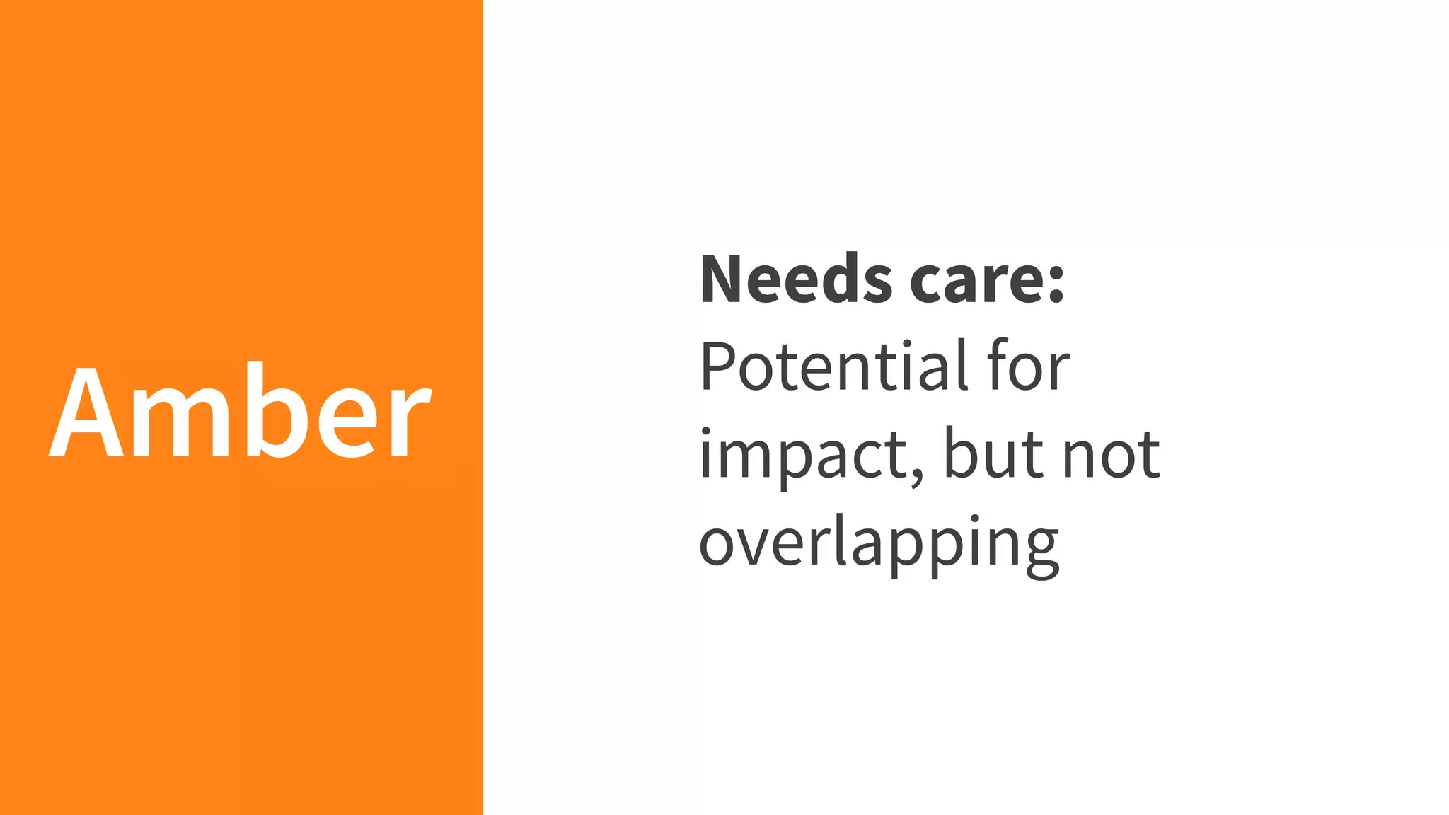Amber
Needs care:
Potential for
impact, but not
overlapping
 