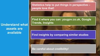 Understand what 
assets are 
available 
Statistics help to put things in perspective – 
people love that! 
Find it where you can: yougov.co.uk, Google 
Trends, Insights 
Find insights by comparing similar studies 
Be careful about credibility! 
 
