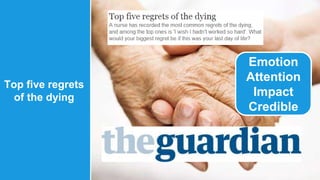 Top five regrets 
of the dying 
Emotion 
Attention 
Impact 
Credible 
 