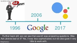 2017
2006
1996
Further back still, we can see that search was answering questions. Was
Ask Jeeves bad at it? Yes, it was less sophisticated, but we also gave it very
little to work with.#brightonseo
SLIDESHARE VERSION
 