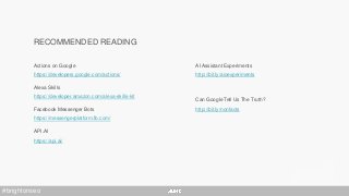 RECOMMENDED READING
Actions on Google
https://developers.google.com/actions/
Alexa Skills
https://developer.amazon.com/alexa-skills-kit
Facebook Messenger Bots
https://messengerplatform.fb.com/
API.AI
https://api.ai/
#brightonseo
AI Assistant Experiments
http://bit.ly/aioexperiments
Can Google Tell Us The Truth?
http://bit.ly/nonfacts
 