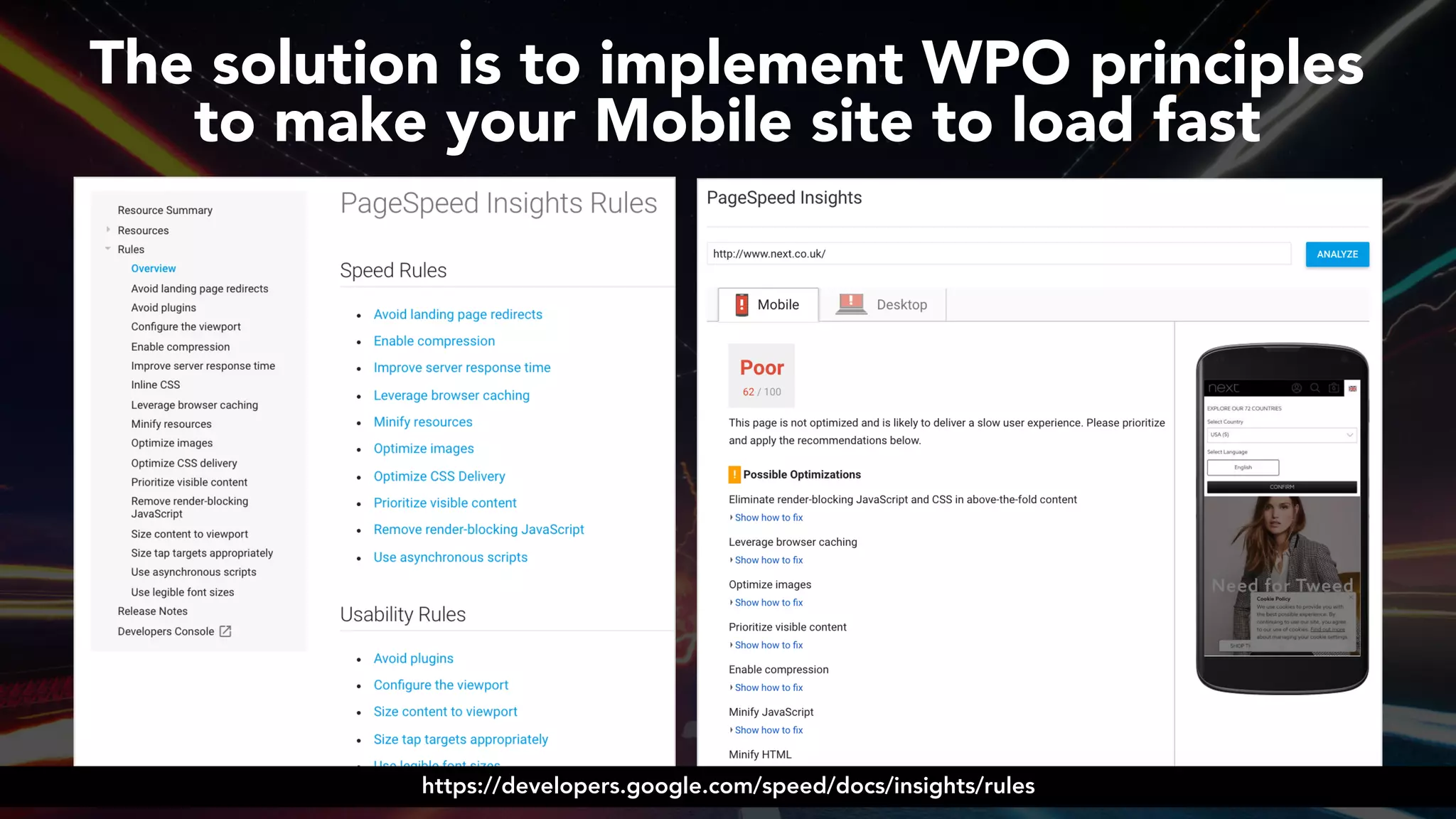 #ampsuccess at #brightonseo by @aleyda from @orainti
The solution is to implement WPO principles  
to make your Mobile site to load fast
https://developers.google.com/speed/docs/insights/rules
 