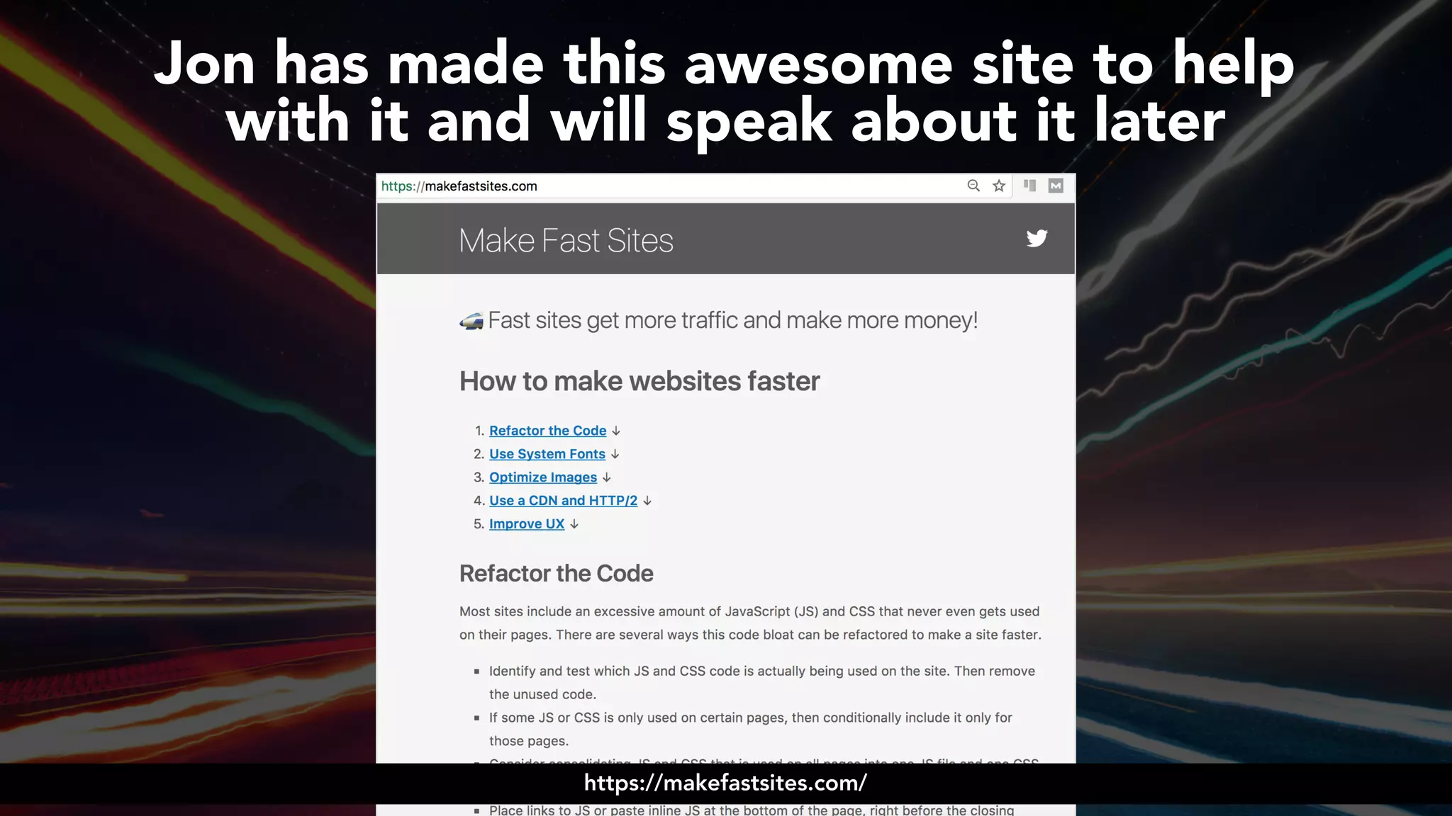 #ampsuccess at #brightonseo by @aleyda from @orainti
Jon has made this awesome site to help  
with it and will speak about it later
https://makefastsites.com/
 