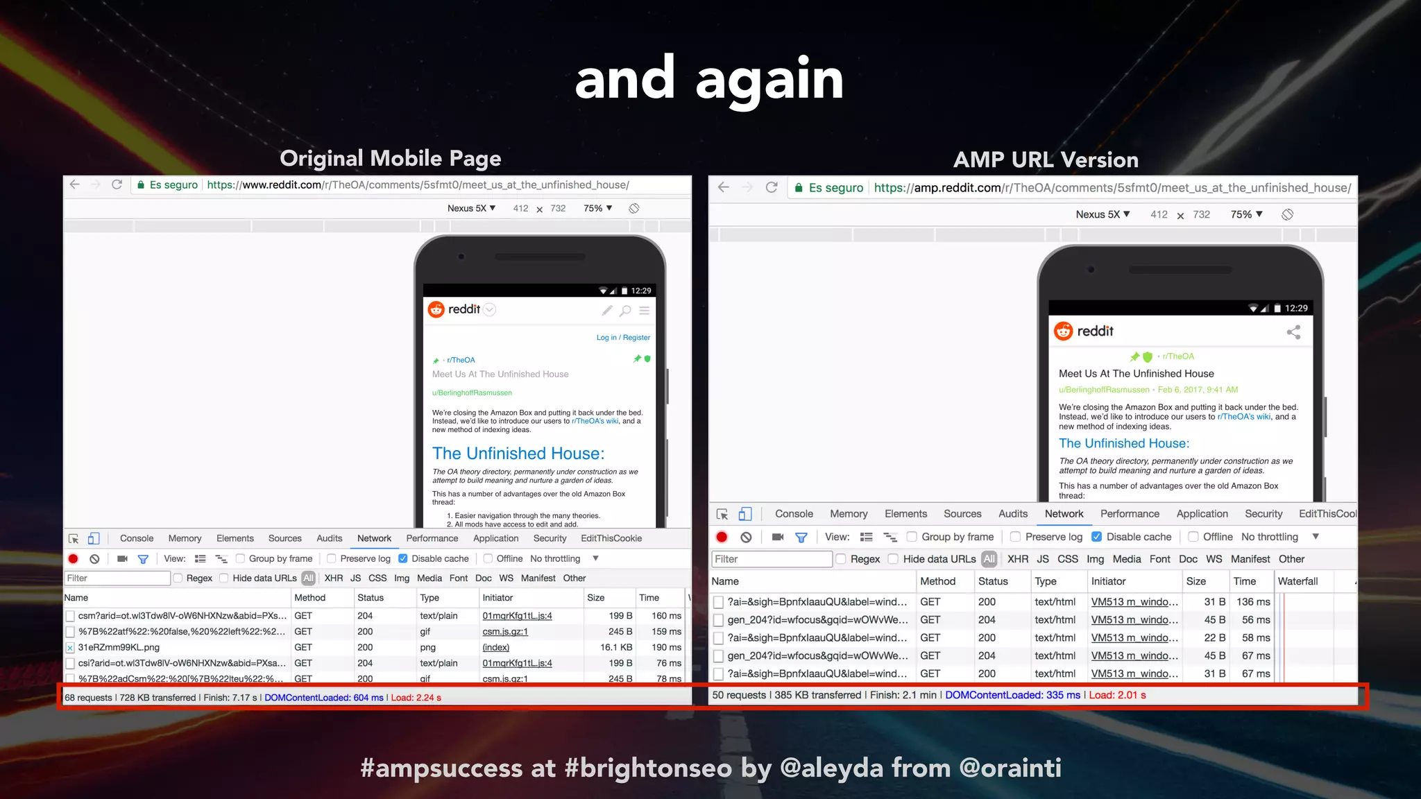 #ampsuccess at #brightonseo by @aleyda from @orainti
and again
Original Mobile Page AMP URL Version
 