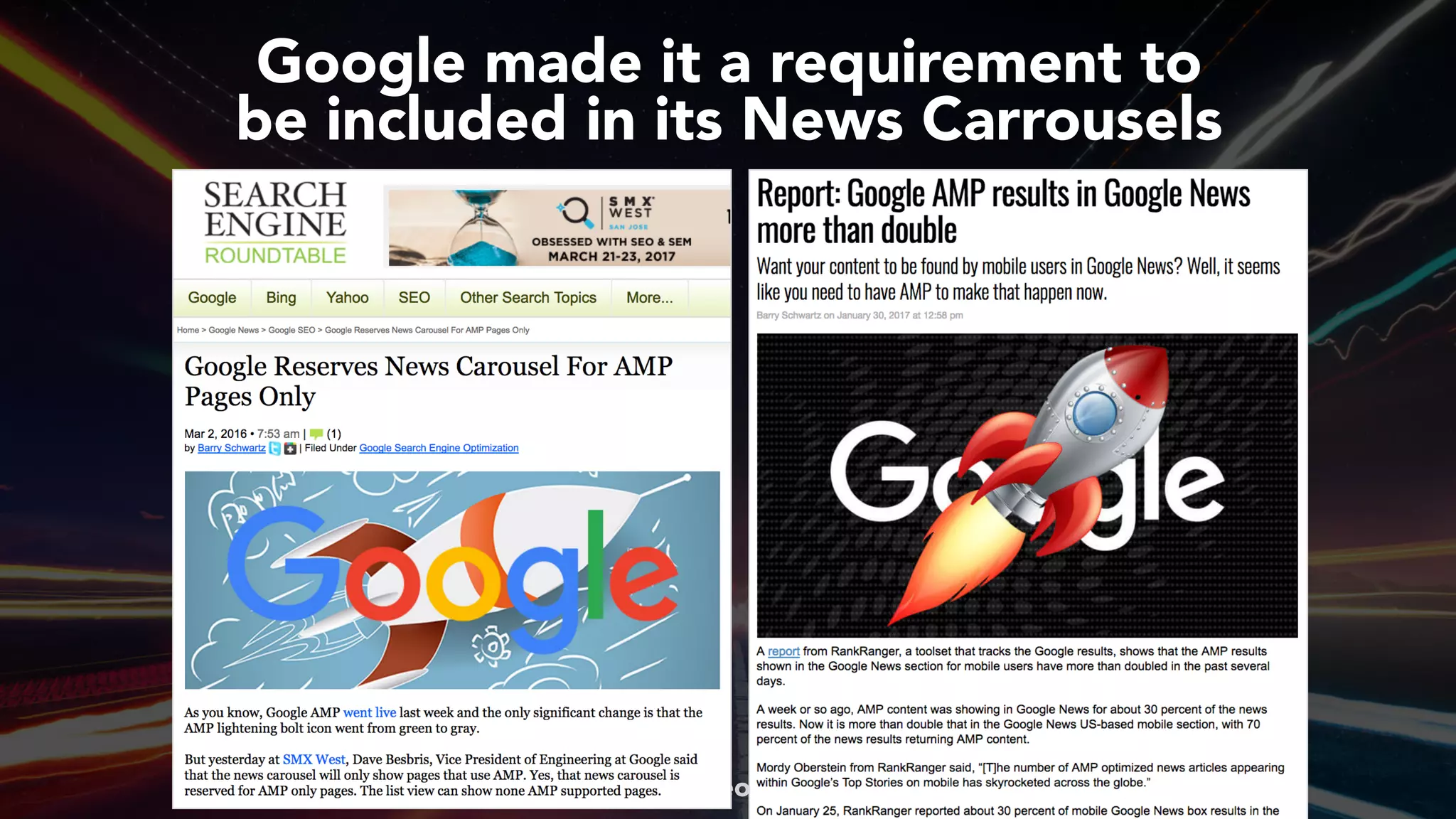 #ampsuccess at #brightonseo by @aleyda from @orainti
Google made it a requirement to  
be included in its News Carrousels
 