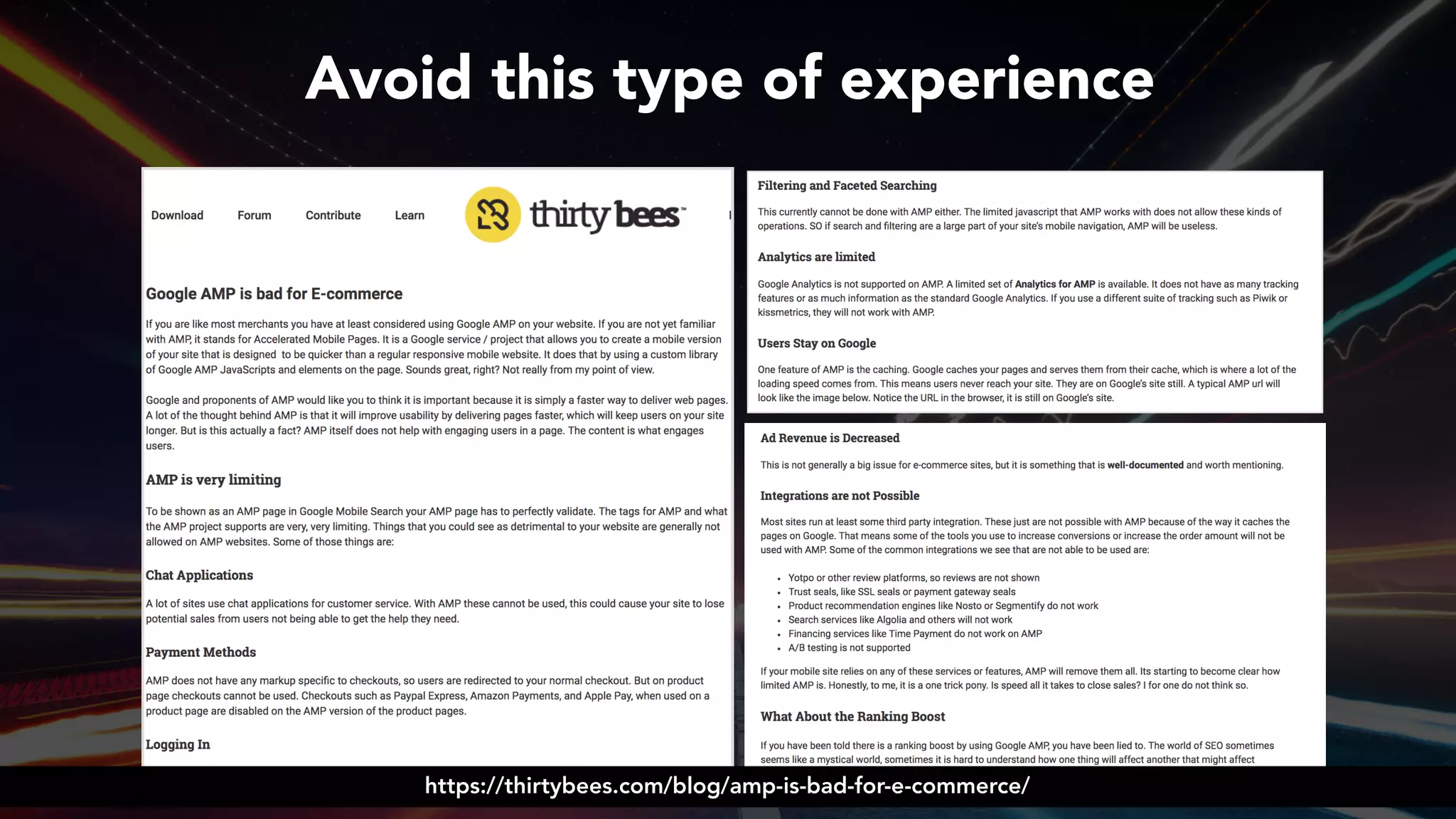 #ampsuccess at #brightonseo by @aleyda from @orainti
Avoid this type of experience
https://thirtybees.com/blog/amp-is-bad-for-e-commerce/
 
