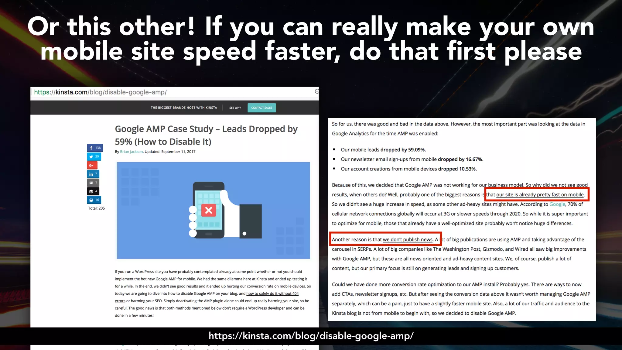 #ampsuccess at #brightonseo by @aleyda from @orainti
Or this other! If you can really make your own  
mobile site speed faster, do that ﬁrst please
https://kinsta.com/blog/disable-google-amp/
 