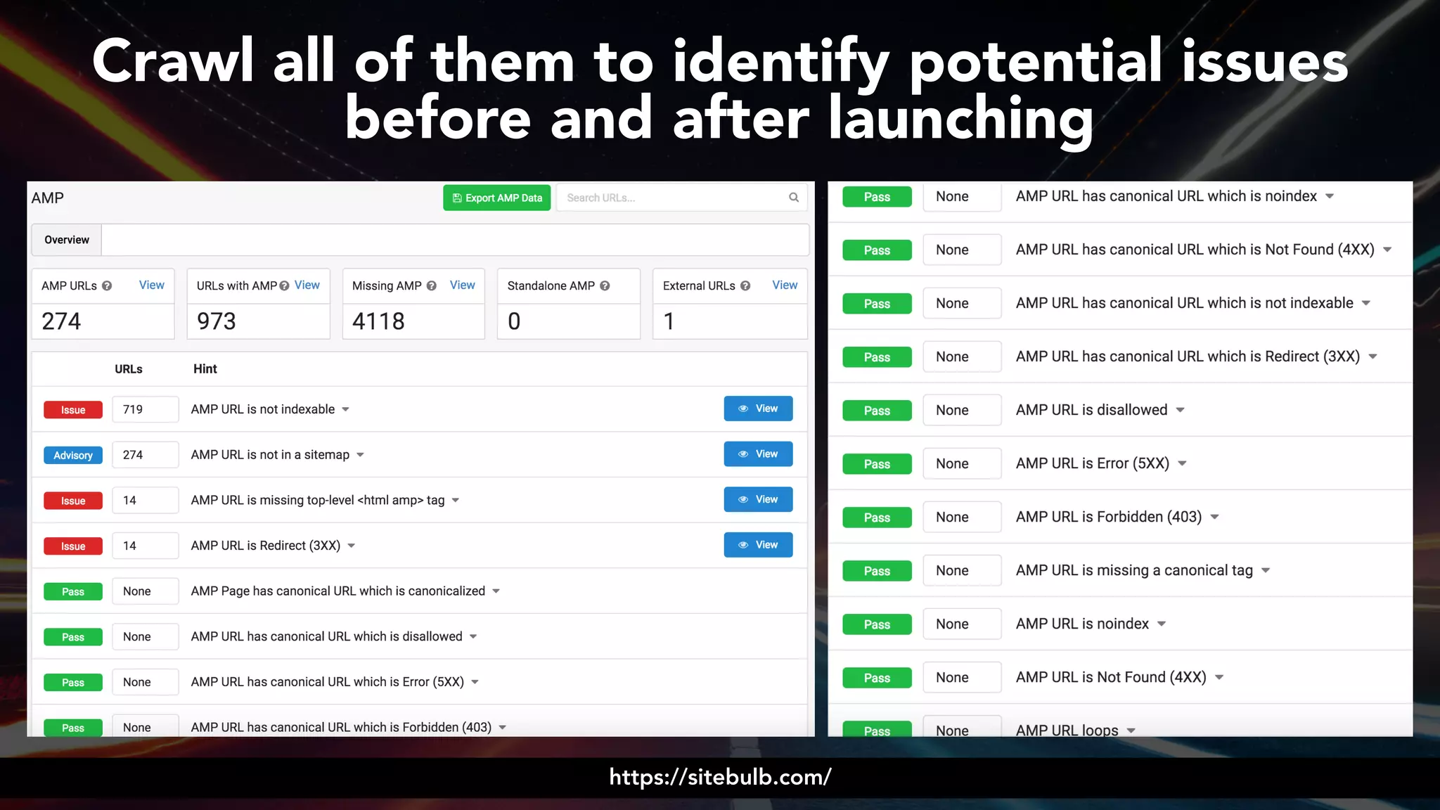 #ampsuccess at #brightonseo by @aleyda from @orainti#ampsuccess at #brightonseo by @aleyda from @orainti
Crawl all of them to identify potential issues  
before and after launching
https://sitebulb.com/
 