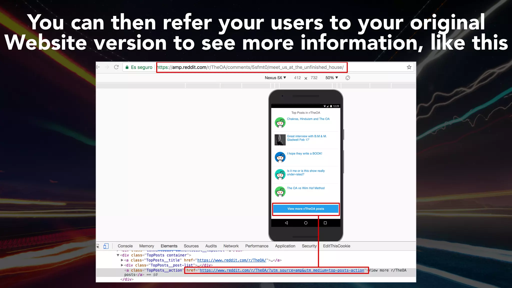 #ampsuccess at #brightonseo by @aleyda from @orainti
You can then refer your users to your original
Website version to see more information, like this
 