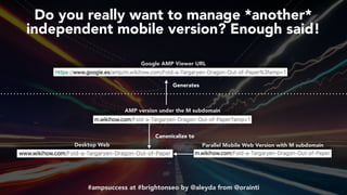 #ampsuccess at #brightonseo by @aleyda from @orainti#ampsuccess at #brightonseo by @aleyda from @orainti
Do you really want to manage *another*  
independent mobile version? Enough said!
Desktop Web Parallel Mobile Web Version with M subdomain
AMP version under the M subdomain
Google AMP Viewer URL
Canonicalize to
Generates
 