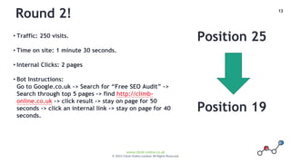 13
www.climb-online.co.uk
© 2015 Climb Online Limited. All Rights Reserved.
Round 2!
Position 25
Position 19
• Traffic: 250 visits.
• Time on site: 1 minute 30 seconds.
• Internal Clicks: 2 pages
• Bot Instructions:
Go to Google.co.uk -> Search for “Free SEO Audit” ->
Search through top 5 pages -> find http://climb-
online.co.uk -> click result -> stay on page for 50
seconds -> click an internal link -> stay on page for 40
seconds.
 