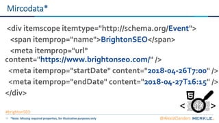 14
Mircodata*
<div itemscope itemtype="http://schema.org/Event">
<span itemprop="name">BrightonSEO</span>
<meta itemprop="url"
content="https://www.brightonseo.com/" />
<meta itemprop="startDate" content="2018-04-26T7:00" />
<meta itemprop="endDate" content="2018-04-27T16:15" />
</div>
< >
@AlexisKSanders*Note: Missing required properties, for illustrative purposes only
#brightonSEO
 