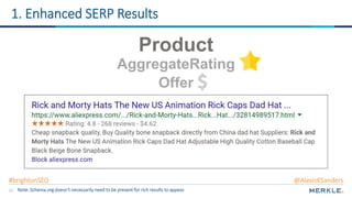 22
Product
AggregateRating
Offer
1. Enhanced SERP Results
Note: Schema.org doesn’t necessarily need to be present for rich results to appear.
#brightonSEO @AlexisKSanders
 