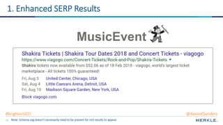 23
MusicEvent
Note: Schema.org doesn’t necessarily need to be present for rich results to appear.
1. Enhanced SERP Results
#brightonSEO @AlexisKSanders
 