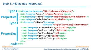 67
Step 3: Add Syntax (Microdata)
<div itemscope itemtype="http://schema.org/Aquarium">
<span itemprop="name">National Aquarium</span>
<meta itemprop="name" content="National Aquarium in Baltimore" />
<span itemprop="telephone">+1-410-576-3800</span>
<div itemprop="address" itemscope
itemtype="http://schema.org/PostalAddress">
<span itemprop="streetAddress">501 E Pratt St</span>
<span itemprop="addressLocality">Baltimore</span>
<span itemprop="addressRegion">MD</span>
<span itemprop="postalCode">21202</span>
<span itemprop="addressCountry">US</span>
</div>
</div>
Type
Properties
Type
Properties
end
*Note: Missing required properties, for illustrative purposes only
http://schema.org/Aquarium *Note: Missing required properties, for illustrative purposes only
#brightonSEO @AlexisKSanders
 