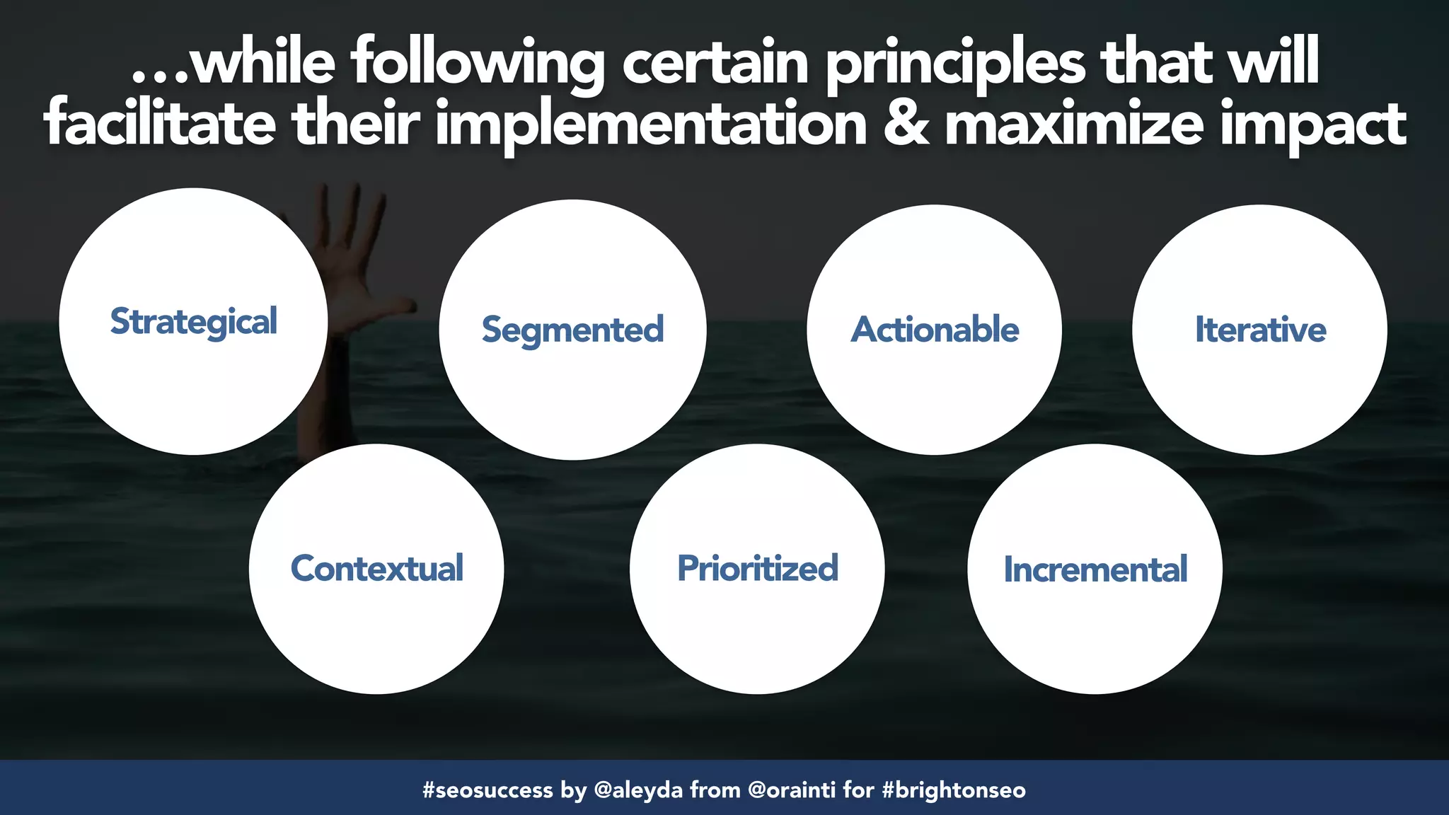 #seosuccess by @aleyda from @orainti for #brightonseo
…while following certain principles that will
facilitate their implementation & maximize impact
Strategical
Contextual
Segmented
Prioritized
Actionable
Incremental
Iterative
 