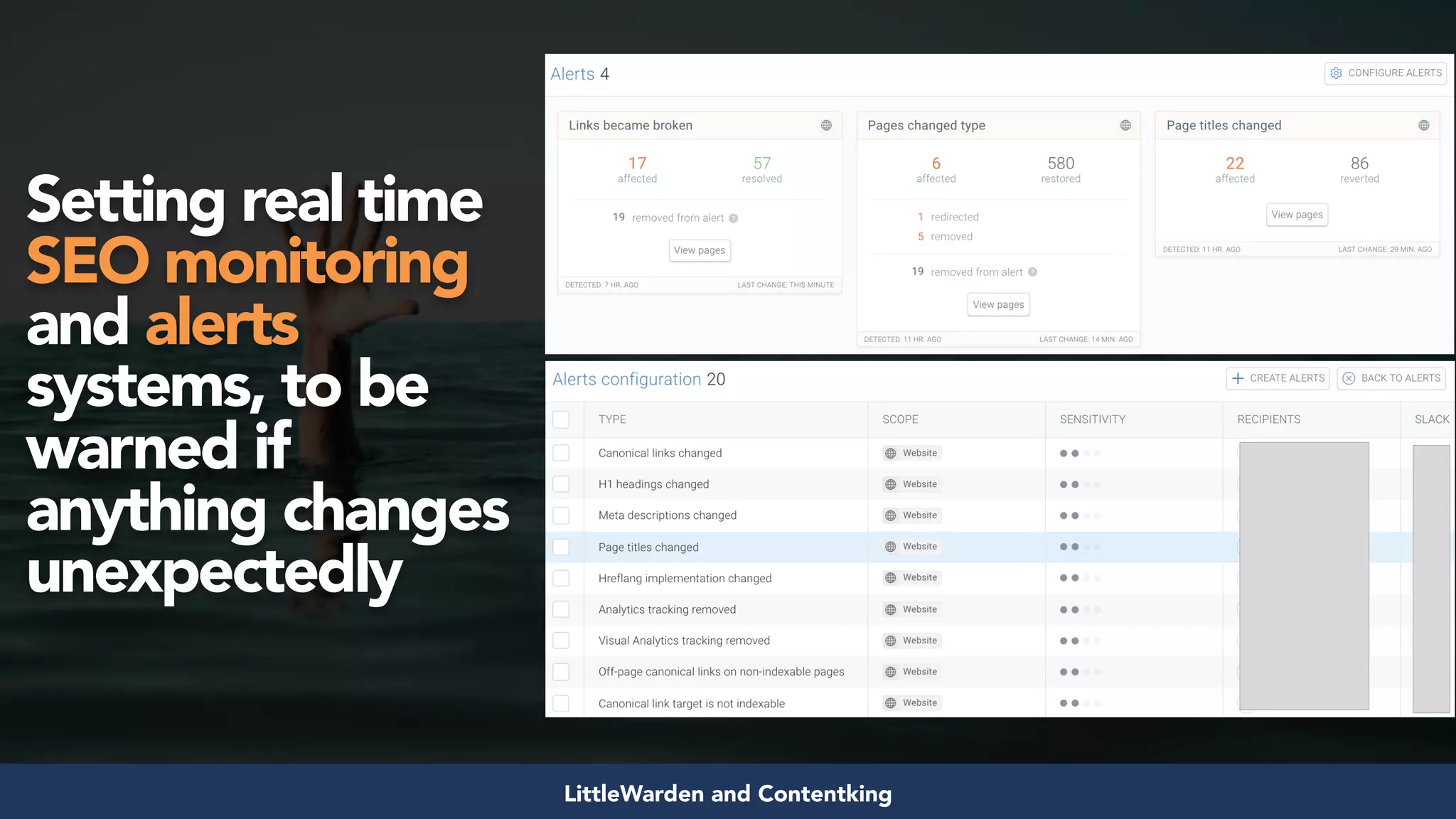 #seosuccess by @aleyda from @orainti for #brightonseoLittleWarden and Contentking
Setting real time
SEO monitoring
and alerts
systems, to be
warned if
anything changes
unexpectedly
 