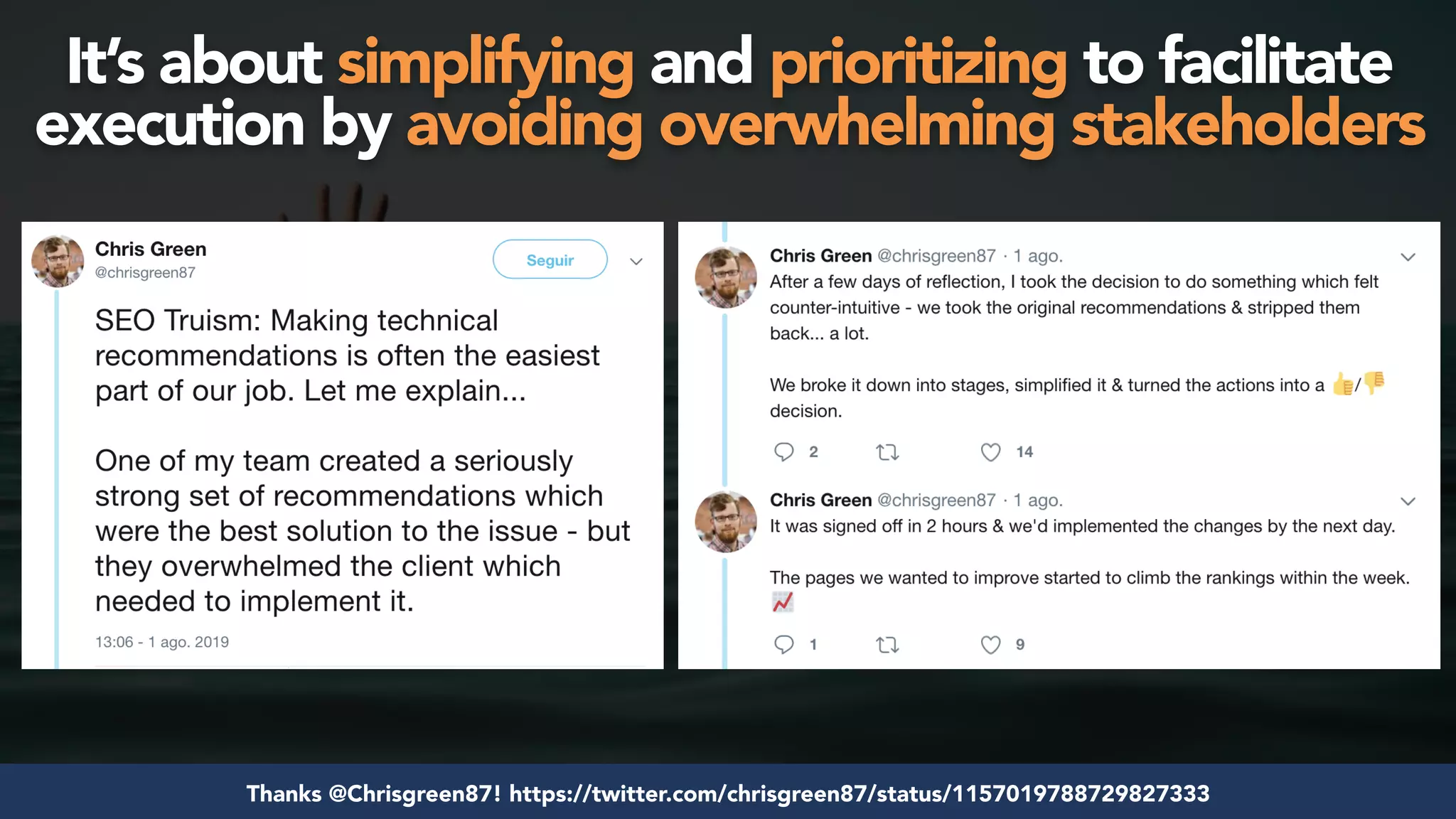 #seosuccess by @aleyda from @orainti for #brightonseoThanks @Chrisgreen87! https://twitter.com/chrisgreen87/status/1157019788729827333
It’s about simplifying and prioritizing to facilitate
execution by avoiding overwhelming stakeholders
 