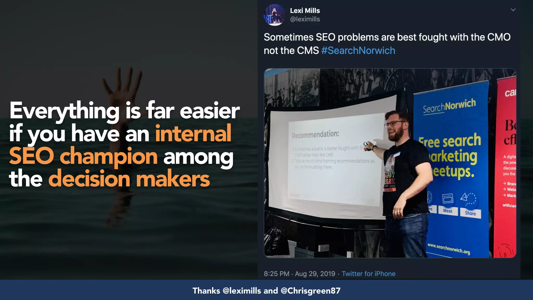 #seosuccess by @aleyda from @orainti for #brightonseo
Everything is far easier
if you have an internal
SEO champion among
the decision makers
Thanks @leximills and @Chrisgreen87
 