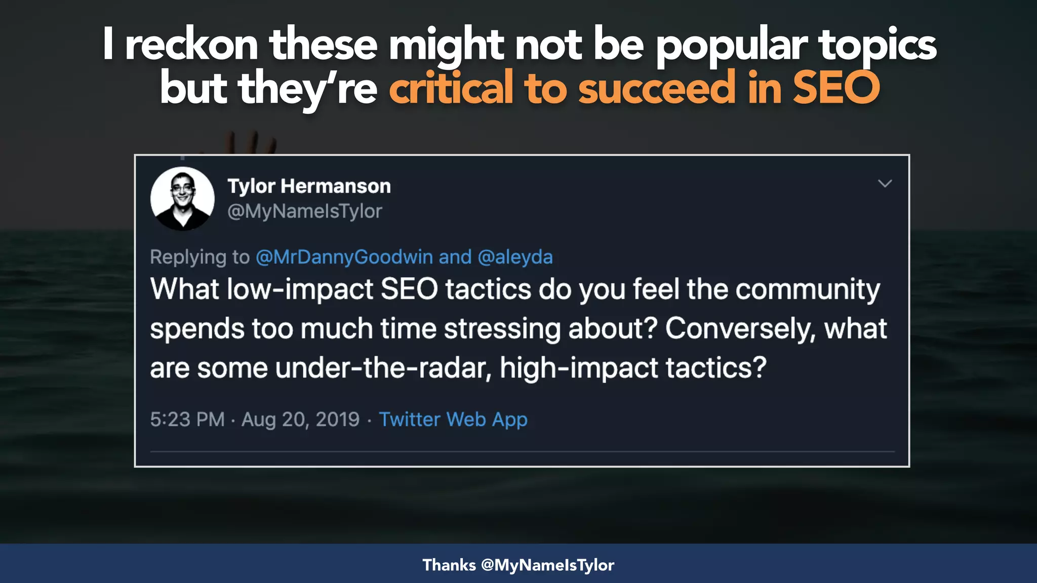 #seosuccess by @aleyda from @orainti for #brightonseo
I reckon these might not be popular topics  
but they’re critical to succeed in SEO
Thanks @MyNameIsTylor
 
