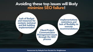 #seosuccess by @aleyda from @orainti for #brightonseo
Avoiding these top issues will likely  
minimize SEO failure!
Lack o...