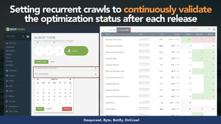 #seosuccess by @aleyda from @orainti for #brightonseoDeepcrawl, Ryte, Botify, OnCrawl
Setting recurrent crawls to continuously validate
the optimization status after each release
 