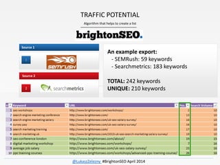 1
Source 1
2
Source 2
Algorithm that helps to create a list
TRAFFIC POTENTIAL
An example export:
- SEMRush: 59 keywords
- ...
