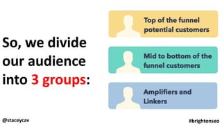 @staceycav #brightonseo
So, we divide
our audience
into 3 groups:
 