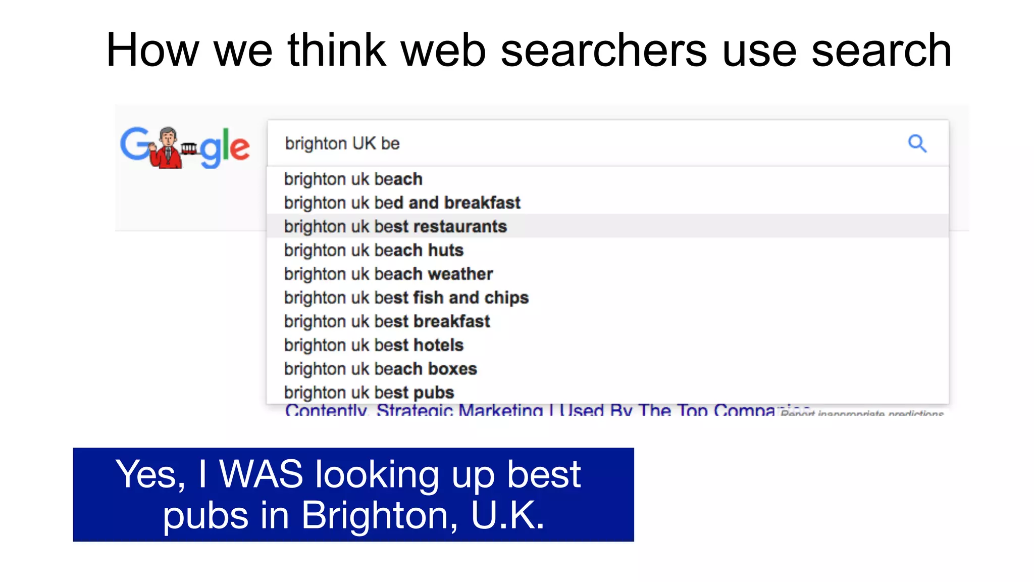 How we think web searchers use search
Yes, I WAS looking up best
pubs in Brighton, U.K.
 
