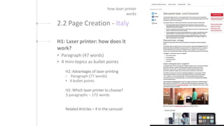 2.2 Page Creation - Italy
H1: Laser printer: how does it
work?
• Paragraph (47 words)
• 4 mini-topics as bullet points
H2:...