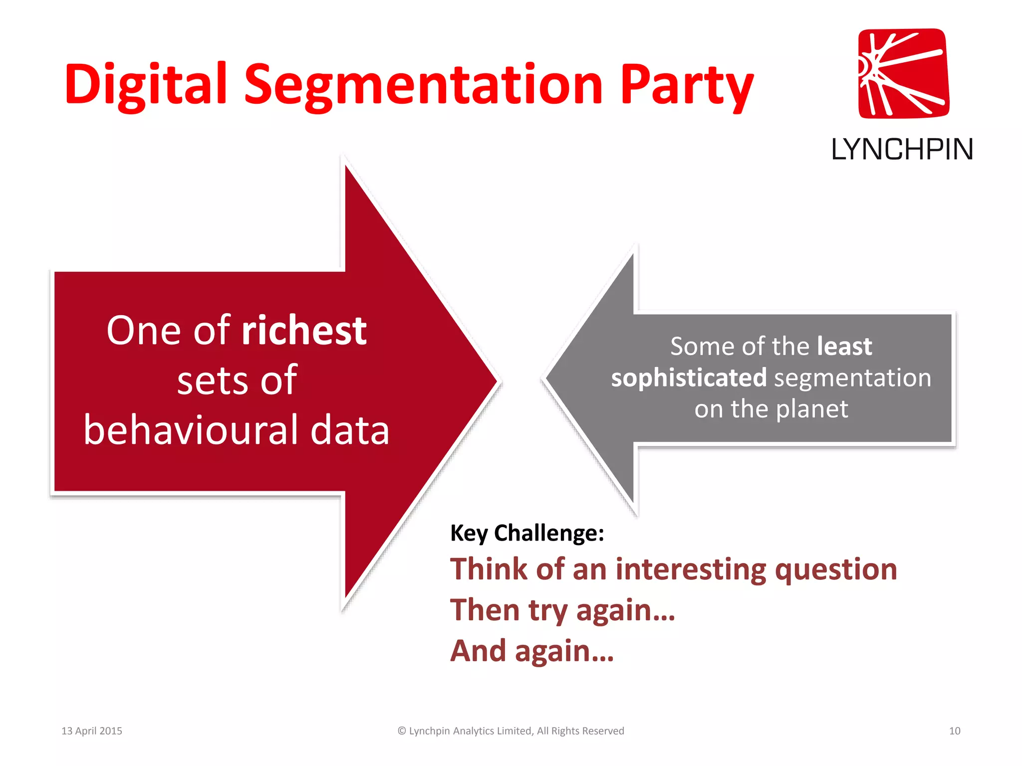 Digital Segmentation Party
One of richest
sets of
behavioural data
Some of the least
sophisticated segmentation
on the planet
13 April 2015 © Lynchpin Analytics Limited, All Rights Reserved 10
Key Challenge:
Think of an interesting question
Then try again…
And again…
 