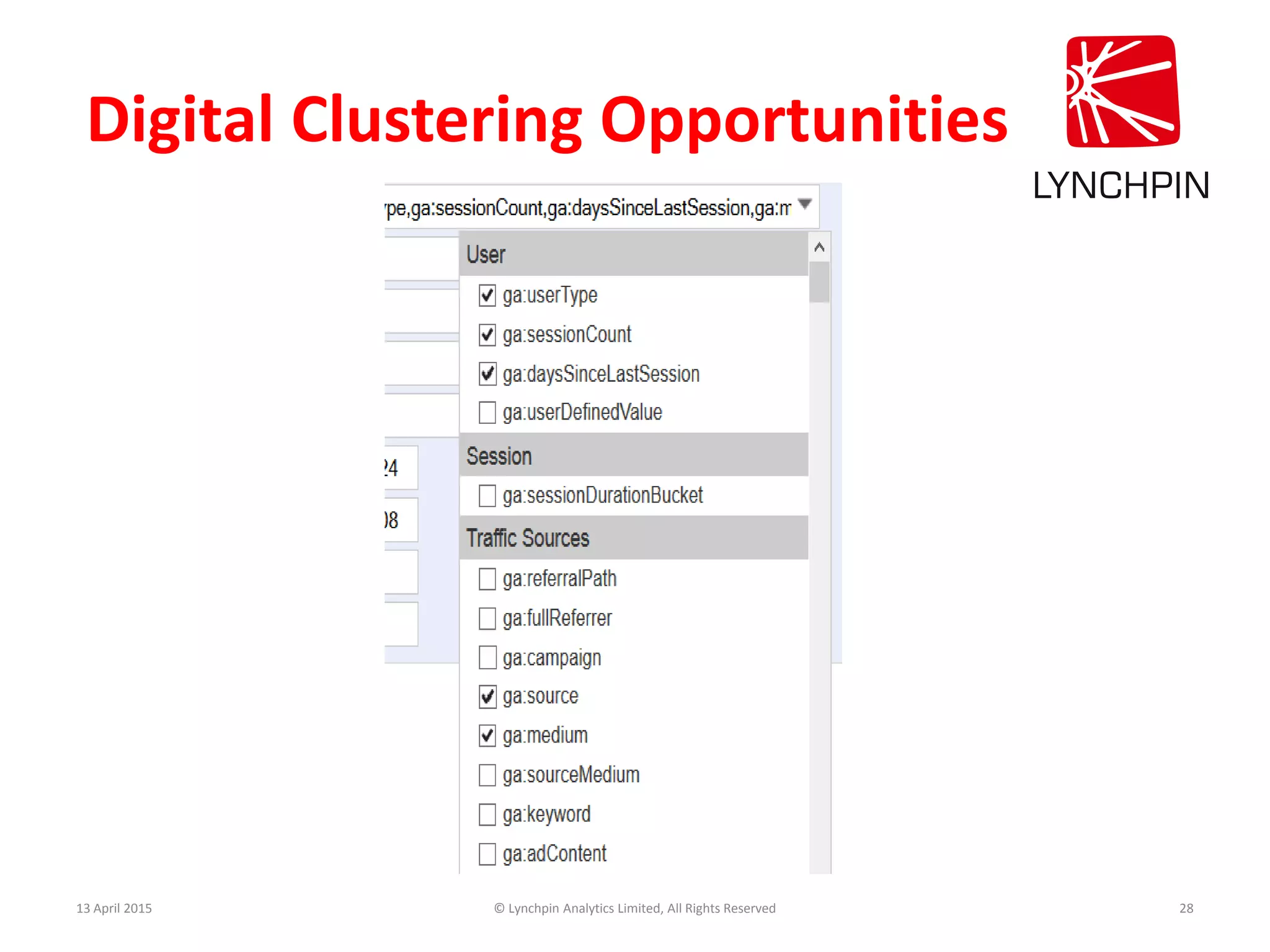 Digital Clustering Opportunities
13 April 2015 © Lynchpin Analytics Limited, All Rights Reserved 28
 