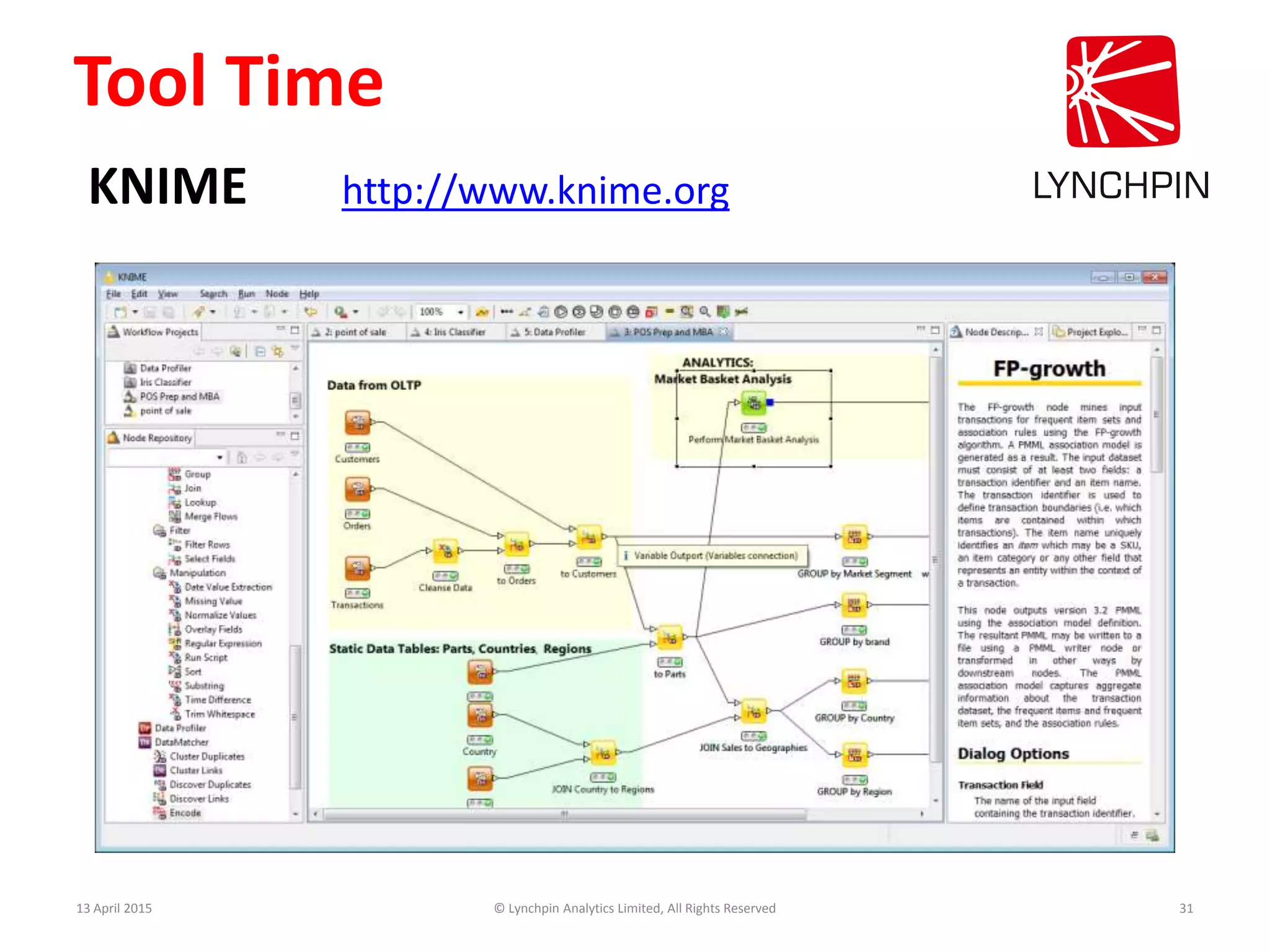 Tool Time
13 April 2015 © Lynchpin Analytics Limited, All Rights Reserved 31
KNIME http://www.knime.org
 