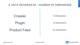 @Pricesearcher #BrightonSEO
9. DATA RICHNESS #2 – NUMBER OF DIMENSIONS
Crawler 6 dimensions
Plugin
Product Feed
12 dimensi...