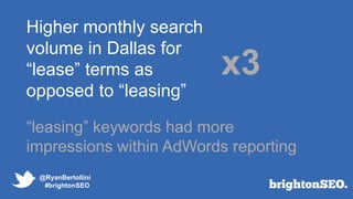 @RyanBertollini
#brightonSEO
“leasing” keywords had more
impressions within AdWords reporting
Higher monthly search
volume...