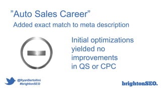 “”Auto Sales Career”
Added exact match to meta description
Initial optimizations
yielded no
improvements
in QS or CPC
 